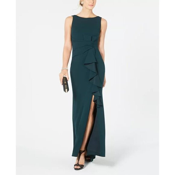 BETSY & ADAM Ruffle Bow Trumpet Gown in Pine Size US 4 - Picture 9 of 12